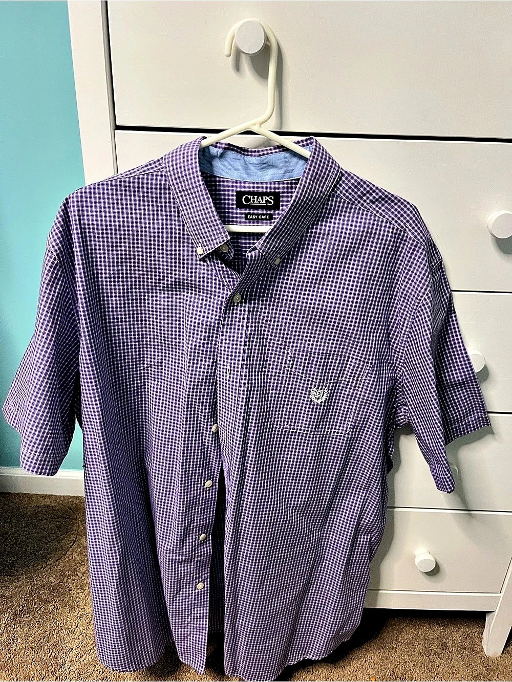 Chaps Easy Care Short Sleeve Gingham Button-Down Shirt in Purple & White